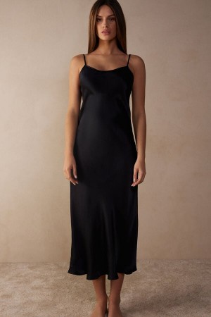Black Women's Intimissimi Midi-Length Slip in Silk Lingerie | AU2130QZD
