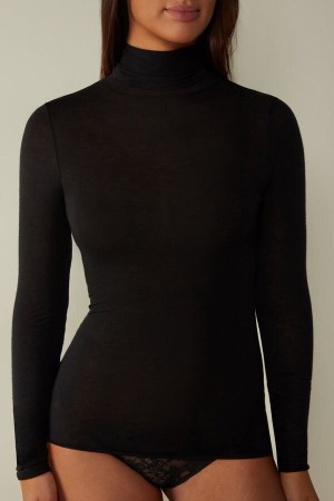Black Women's Intimissimi Modal Cashmere Ultralight High-Neck Top Long Sleeve | AU2240UTL
