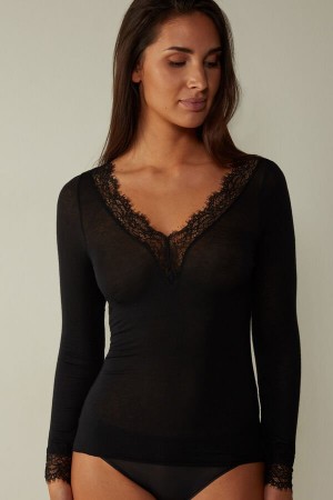 Black Women's Intimissimi Modal Cashmere Ultralight Long Lace Shirt Long Sleeve | AU2233MAS