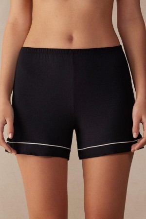 Black Women's Intimissimi Modal Shorts with Contrast Trim Pajamas | AU2075BCP