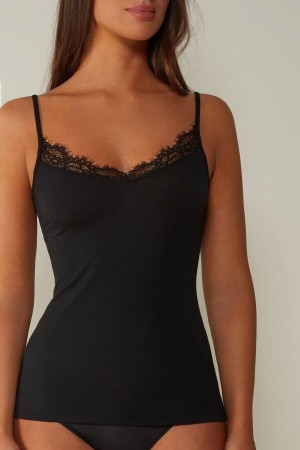 Black Women's Intimissimi Modal Ultralight Cashmere Blend with Lace Tank Top | AU2329VDR