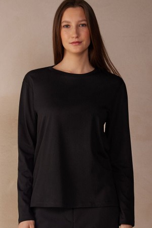 Black Women's Intimissimi Oversized Top in Supima® Cotton Long Sleeve | AU2203CEI