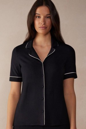 Black Women's Intimissimi Short Sleeve Button Up Shirt in Modal Pajamas | AU1945BCP