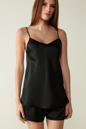 Black Women's Intimissimi Silk Satin with V-neckline Tank Top | AU2337GLS