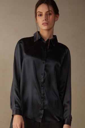 Black Women's Intimissimi Silk Shirt Long Sleeve | AU2227ZGY