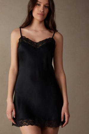 Black Women's Intimissimi Silk Slip with Lace Insert Detail Lingerie | AU2129MAS