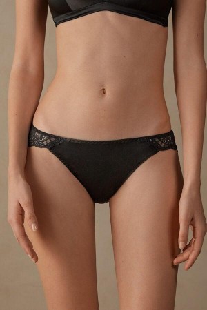 Black Women's Intimissimi Silk and Lace Briefs Panties | AU1592ORX