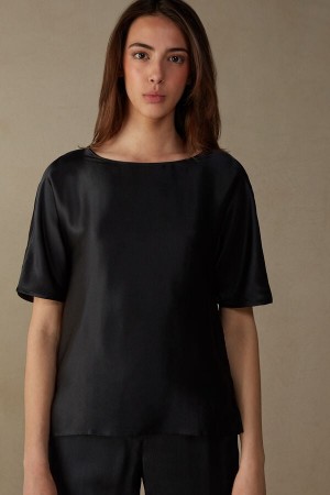 Black Women's Intimissimi Silk and Modal Top Short Sleeve | AU2187YUK