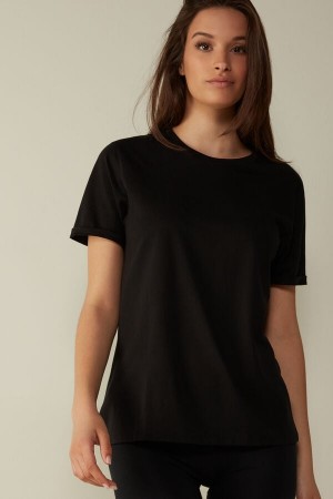 Black Women's Intimissimi Supima® Cotton Top Short Sleeve | AU2194DNN