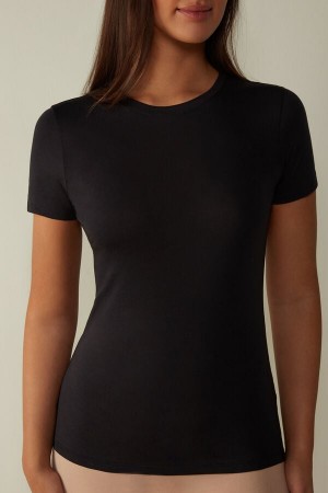 Black Women's Intimissimi T-shirt in Ultrafresh Supima® Cotton Short Sleeve | AU2198JJE