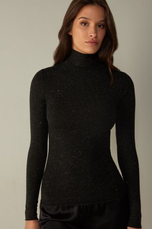 Black Women's Intimissimi Turtleneck Top in Modal Light with Cashmere Lamé Long Sleeve | AU2228XFU
