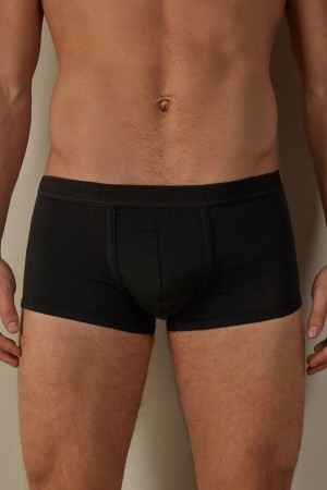 Black / Black Men's Intimissimi Stretch Supima® Cotton Shorts with Logo Detail Boxer | AU1404EXG
