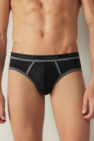 Black / Deep Grey Men's Intimissimi Stretch Supima® Cotton with Logo Detail Briefs | AU1355YUK