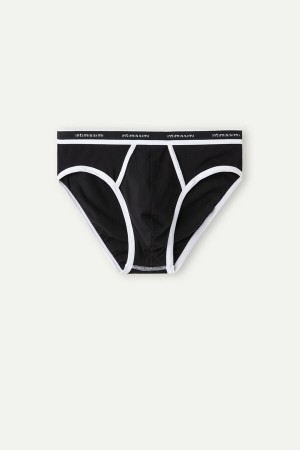 Black / White Men's Intimissimi Natural Fresh Supima® Cotton with Logo Briefs | AU1335SOB