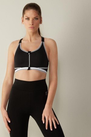 Black / White Women's Intimissimi In Action Zip with Supima® Cotton Lining Bras | AU2785FMK