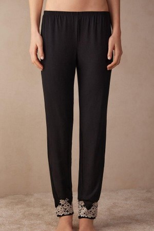 Black / White Women's Intimissimi Pretty Flowers Full Length Cuffed Modal Pants Pajamas | AU1965KIR