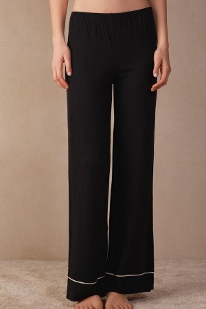 Black / White Women's Intimissimi Pretty Flowers Full Length Modal Pants Pajamas | AU1964JJE
