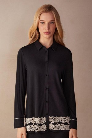 Black / White Women's Intimissimi Pretty Flowers Button Up Shirt in Modal Pajamas | AU1854APV