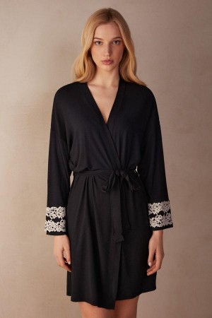 Black / White Women's Intimissimi Pretty Flowers Modal Robe Pajamas | AU1831FMM