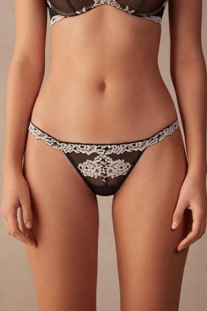 Black / White Women's Intimissimi Pretty Flowers String Thong Panties | AU1744TVJ