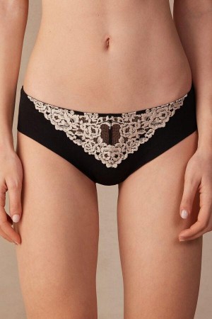 Black / White Women's Intimissimi Pretty Flowers Seamless Cotton Panties | AU1626JJE