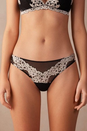 Black / White Women's Intimissimi Pretty Flowers Brazilian Panties | AU1483RWH