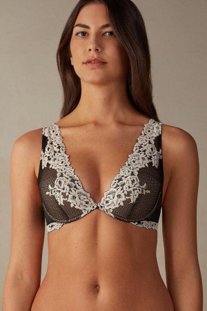 Black / White Women's Intimissimi Pretty Flowers Elena Balconette Bras | AU2518HKA
