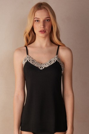 Black / White Women's Intimissimi Pretty Flowers Modal Tank Top | AU2338FMD