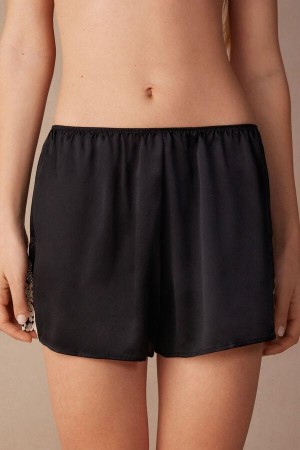 Black / White Women's Intimissimi Pretty Flowers Silk Shorts Pajamas | AU2043KIR