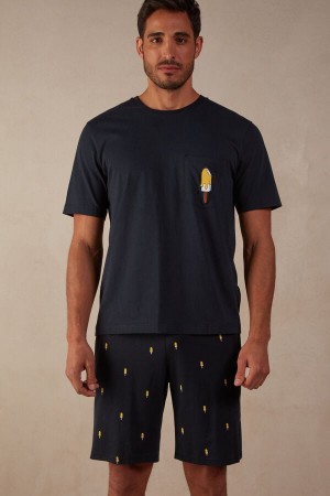 Blue Cream Men's Intimissimi Ice Cream Print Short Cotton Pajamas | AU1158JJE