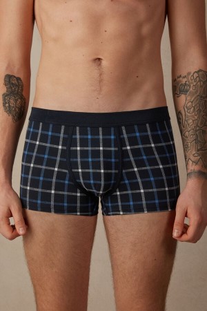Blue Men's Intimissimi Blue Checkered in Stretch Supima® Cotton Boxer | AU1400NBA
