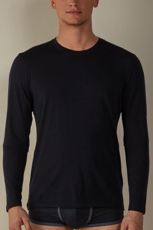 Blue Men's Intimissimi Crew-Neck Merino-Wool Top Long Sleeve | AU1103FMM