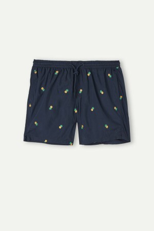 Blue Men's Intimissimi Embroidered Pineapple Swim Trunks | AU1295BCP