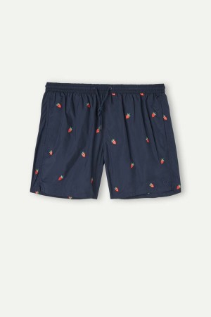 Blue Men's Intimissimi Embroidered Strawberry Swim Trunks | AU1282APV