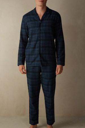 Blue Men's Intimissimi Full Length in Brushed Blue Check Patterned Cloth Pajamas | AU1122UTL