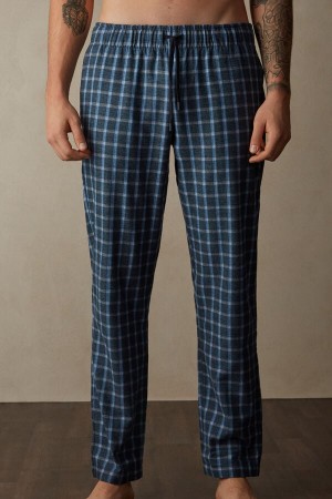 Blue Men's Intimissimi Full Length in Check Patterned Brushed Cloth Pants | AU1066EXG