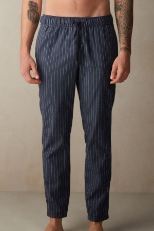 Blue Men's Intimissimi Full Length in Denim Pinstripe Patterned Brushed Cloth Pants | AU1065WYF