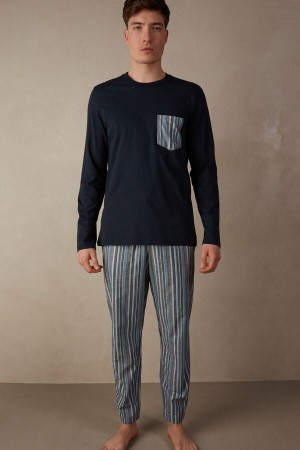 Blue Men's Intimissimi Full Length in Striped Cotton Pajamas | AU1121YUK