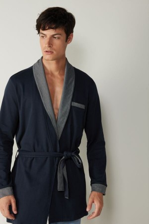 Blue Men's Intimissimi Interlock Cotton Smoking Jacket Pajamas | AU1157HKW