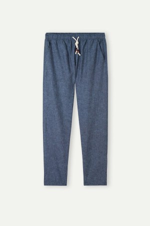 Blue Men's Intimissimi Linen and Cotton Full Length Pants | AU1062NBA