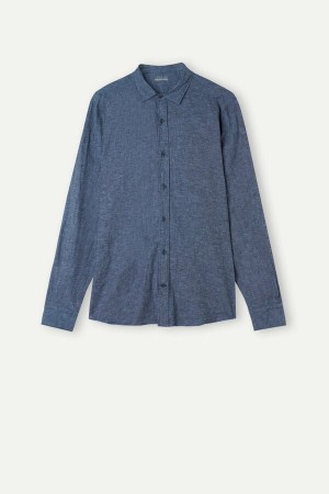 Blue Men's Intimissimi Linen and Cotton Shirt Long Sleeve | AU1084XFU