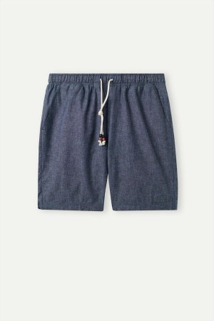 Blue Men's Intimissimi Linen and Cotton Shorts | AU1057ZGY