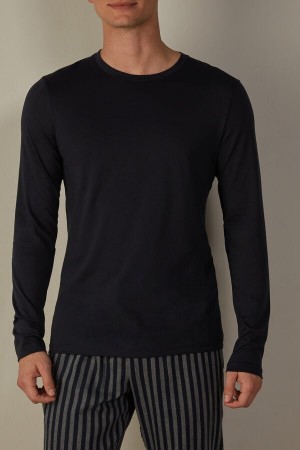 Blue Men's Intimissimi Long-Sleeve Supima® Cotton Top Pajamas | AU1138VDO