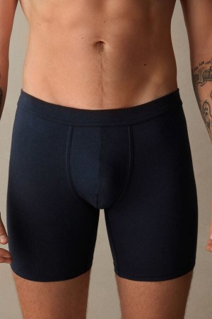 Blue Men's Intimissimi Long in Stretch Supima® Cotton Boxer | AU1407YUK