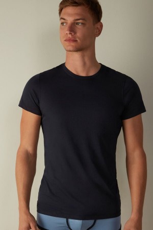 Blue Men's Intimissimi Short-Sleeve Crew-Neck in Extra-Fine Supima® Cotton T Shirts | AU1025FMM
