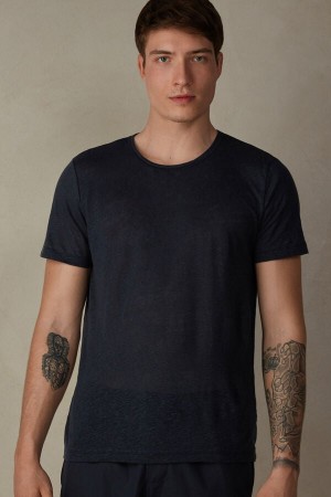 Blue Men's Intimissimi Short-Sleeved Linen T Shirts | AU1045ISZ