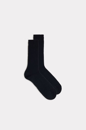 Blue Men's Intimissimi Short Ribbed Egyptian Cotton Socks | AU1233FMM