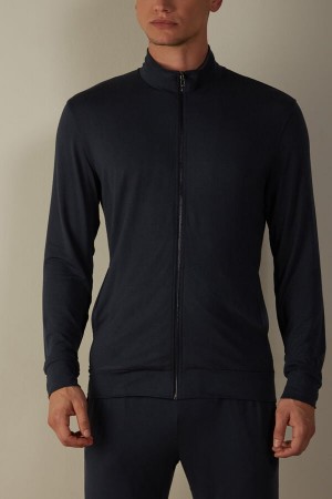 Blue Men's Intimissimi Silk and Modal Zip-Up Sweatshirt Long Sleeve | AU1098ORX