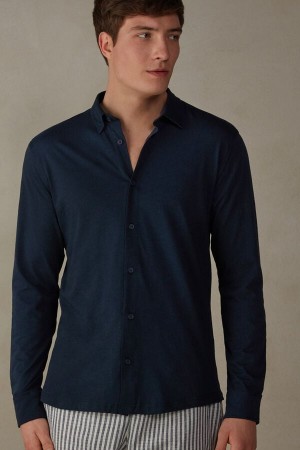 Blue Men's Intimissimi Slub Cotton Shirt Long Sleeve | AU1089MAS