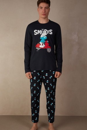 Blue Men's Intimissimi Smurfs Full Length Cotton Pajamas | AU1120TVJ